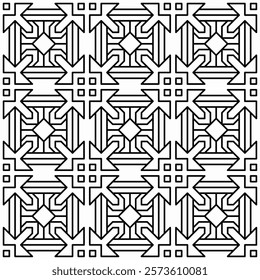 Symmetrical black line art creates a seamless geometric pattern on a white background. Ideal for coloring books, artistic designs, or backgrounds.