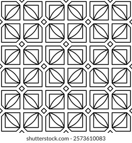 Symmetrical black line art creates a seamless geometric pattern on a white background. Ideal for coloring books, artistic designs, or backgrounds.