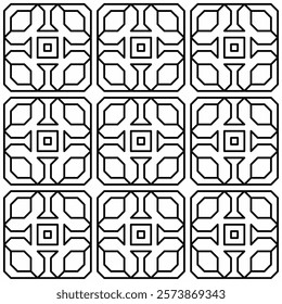 Symmetrical black line art creates a seamless geometric pattern on a white background. Ideal for coloring books, artistic designs, or backgrounds.