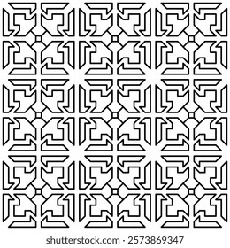 Symmetrical black line art creates a seamless geometric pattern on a white background. Ideal for coloring books, artistic designs, or backgrounds.