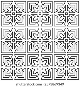 Symmetrical black line art creates a seamless geometric pattern on a white background. Ideal for coloring books, artistic designs, or backgrounds.