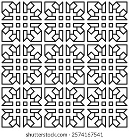 Symmetrical black line art creates a seamless geometric pattern on a white background. Ideal for coloring books, artistic designs, or backgrounds.