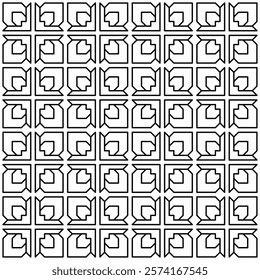 Symmetrical black line art creates a seamless geometric pattern on a white background. Ideal for coloring books, artistic designs, or backgrounds.