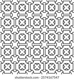 Symmetrical black line art creates a seamless geometric pattern on a white background. Ideal for coloring books, artistic designs, or backgrounds.