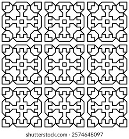 Symmetrical black line art creates a seamless geometric pattern on a white background. Ideal for coloring books, artistic designs, or backgrounds.