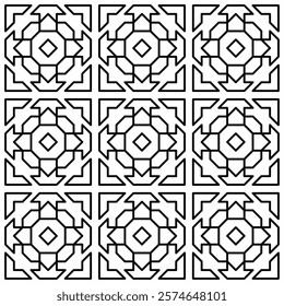 Symmetrical black line art creates a seamless geometric pattern on a white background. Ideal for coloring books, artistic designs, or backgrounds.