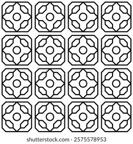 Symmetrical black line art creates a seamless geometric pattern on a white background. Ideal for coloring books, artistic designs, or backgrounds.