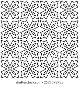 Symmetrical black line art creates a seamless geometric pattern on a white background. Ideal for coloring books, artistic designs, or backgrounds.