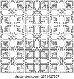 Symmetrical black line art creates a seamless geometric pattern on a white background. Ideal for coloring books, artistic designs, or backgrounds.