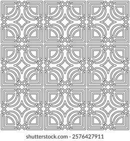 Symmetrical black line art creates a seamless geometric pattern on a white background. Ideal for coloring books, artistic designs, or backgrounds.