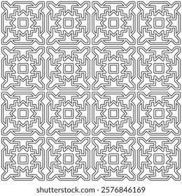 Symmetrical black line art creates a seamless geometric pattern on a white background. Ideal for coloring books, artistic designs, or backgrounds.