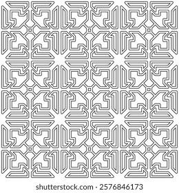 Symmetrical black line art creates a seamless geometric pattern on a white background. Ideal for coloring books, artistic designs, or backgrounds.