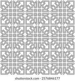 Symmetrical black line art creates a seamless geometric pattern on a white background. Ideal for coloring books, artistic designs, or backgrounds.