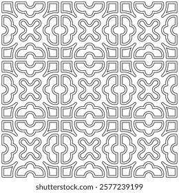 Symmetrical black line art creates a seamless geometric pattern on a white background. Ideal for coloring books, artistic designs, or backgrounds.