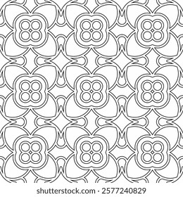Symmetrical black line art creates a seamless floral and geometric pattern on a white background. Ideal for coloring books, artistic designs, or backgrounds.