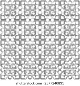 Symmetrical black line art creates a seamless geometric pattern on a white background. Ideal for coloring books, artistic designs, or backgrounds.