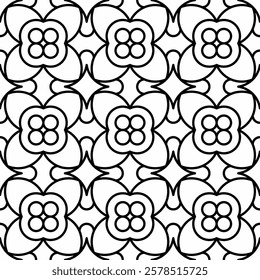 Symmetrical black line art creates a seamless floral and geometric pattern on a white background. Ideal for coloring books, artistic designs, or backgrounds.