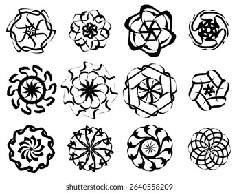 Symmetrical black mandala circle, atomic flower pattern.