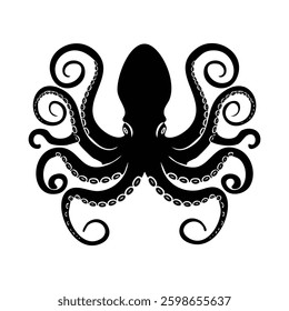 Symmetrical black octopus illustration with curled tentacles and suckers