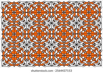 Symmetrical black and orange ornamental design with intricate and elegant pattern. This pattern resembles a traditional art style with rich geometric detail, perfect for background or decorative motif