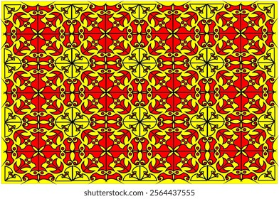 Symmetrical black and red ornamental design with intricate and elegant pattern. This pattern resembles a traditional art style with rich geometric details, perfect for background or decorative motif