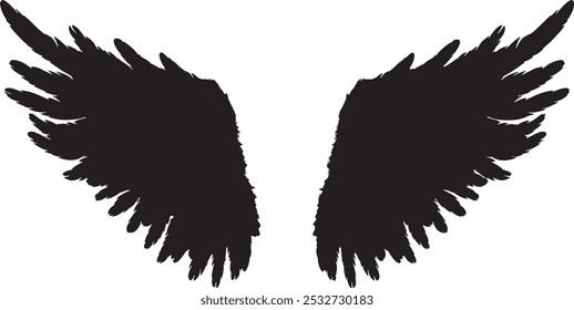 A symmetrical black silhouette of angel wings spread wide, symbolizing freedom, spirituality, and protection, perfect for creative or artistic designs.  
