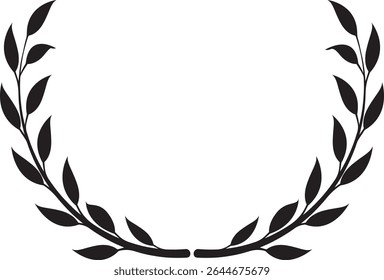 Uma silhueta preta simétrica de uma coroa de louros composta por dois ramos curvos com folhas estilizadas. Este elegante, emblema de vetor plano é perfeito para certificados de prêmio, logotipos, emblemas, quadros, mesmo
