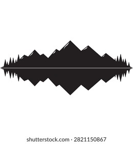Symmetrical black silhouette of a mountain range reflected in a calm body of water creating a mirrored effect on a white background