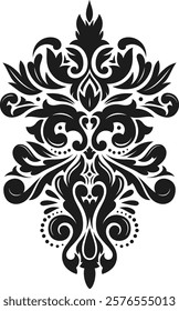 Symmetrical black and white damask pattern featuring vintage decorative elements, creating an elegant and sophisticated design suitable for various projects