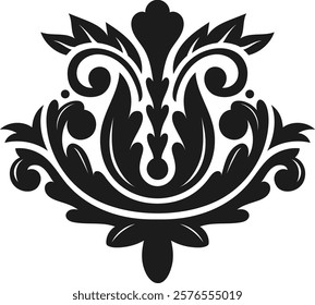 Symmetrical black and white damask pattern featuring acanthus leaves, floral motifs, and ornate scrolls, offering a luxurious and classic design for various decor