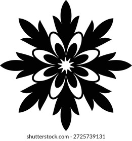 Symmetrical black and white floral pattern with layered petals