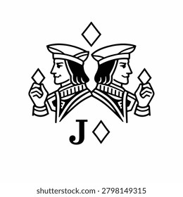 Symmetrical black and white illustration of Jack of Diamonds card