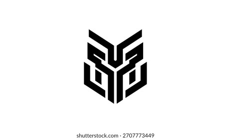 A symmetrical black and white logo featuring geometric shapes arranged in a stylized design.