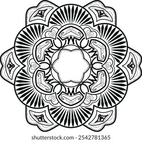 Symmetrical Black and White Mandala with Heart and Petal Motifs, Ideal for Coloring Pages, Meditation, Art Therapy,
 Decorative Art, Zen Designs, Mindfulness, and Spiritual Decor
