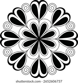 A symmetrical black and white mandala pattern. The design features heart-shaped petals arranged in a circular formation. Swirls are incorporated between the petals. 