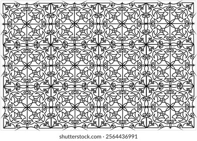 Symmetrical black and white ornamental design with intricate and elegant pattern. This pattern resembles a traditional art style with rich geometric details, perfect for background or decorative motif