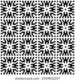 A symmetrical black and white pattern featuring repeating geometric shapes, creating a visually dynamic and optical illusion effect. Perfect for design backgrounds or textile inspiration.