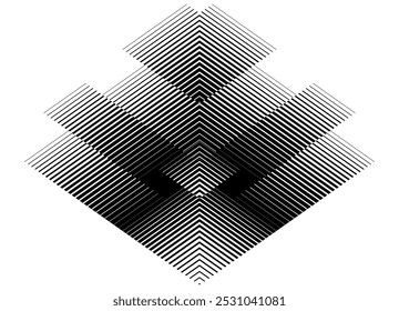 Symmetrical black and white vector pattern of broken black lines on old background. Abstract rhombuses. For interior, covers, advertising, packaging, textiles. Striped vector background