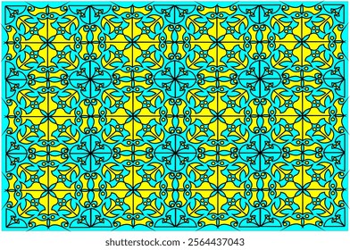 Symmetrical black and yellow ornamental design with intricate and elegant pattern. This pattern resembles a traditional art style with rich geometric detail, perfect for background or decorative motif