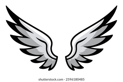 Symmetrical black-and-white wings vector illustration with curved edges and pointed tips. Thin feather lines on a clean white background highlight aerodynamic design for minimalist or symbolic themes.