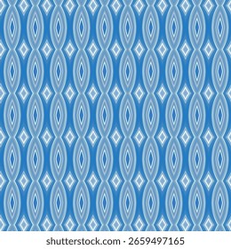 Symmetrical blue diamond pattern with abstract eye-like motifs, ideal for textile, wallpaper, or modern design themes. Abstract and geometric fusion.