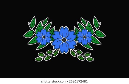 Symmetrical Blue Floral Arrangement with Green Leaves, Elegant Flower Illustration with White Outline, Ideal for Decorative Designs and Emblems