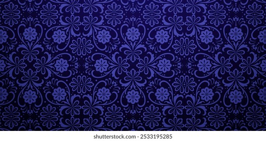 symmetrical blue floral seamless pattern ornament dark blue background with flowers and leaves for wallpapers, textile, fabrics printing, wrapping paper, surface texture, books cover, tiles decorative