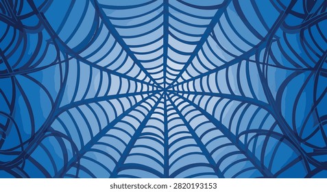 Symmetrical blue spider web illustration featuring radial lines and curved interconnecting arcs over a gradient blue background, high-resolution digital vector style graphic.