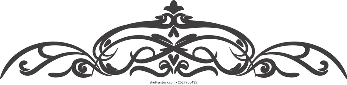 A symmetrical border features flowing curves and stylized floral motifs in a dark grayscale.  The decorative piece uses graceful lines to create a refined and ornate edge. Cartoon vector illustration