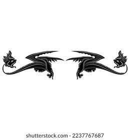 Symmetrical border or vignette with two winged medieval dragons. Illuminated manuscript style. Gothic animal frame. Black and white silhouette. 
