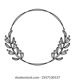 Symmetrical Botanical Circle Frame, Black and White Logo Vector, Customizable Family Name Sign