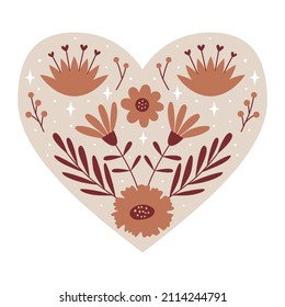 Symmetrisches botanisches Herz mit floralen Elementen, Knospen und Zweigen. Dekoratives Element für Valentinstag-Karten, Verpackungsdesign. Farbvektorgrafik einzeln auf weißem Hintergrund.