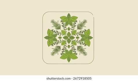 Um design de mandala botânica simétrica criado com várias folhas verdes, ervas e ramos de pinho. Este padrão quadrado, ornamental tem um efeito caleidoscópio, isolado em um fundo plano.