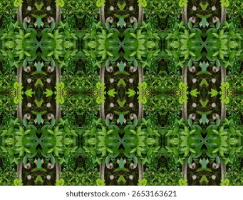 Um padrão botânico simétrico com folhas de louro em tons verdes exuberantes, arranjado artisticamente para criar uma textura tropical caleidoscópica. Este design de folhagem abstrata mistura beleza natural